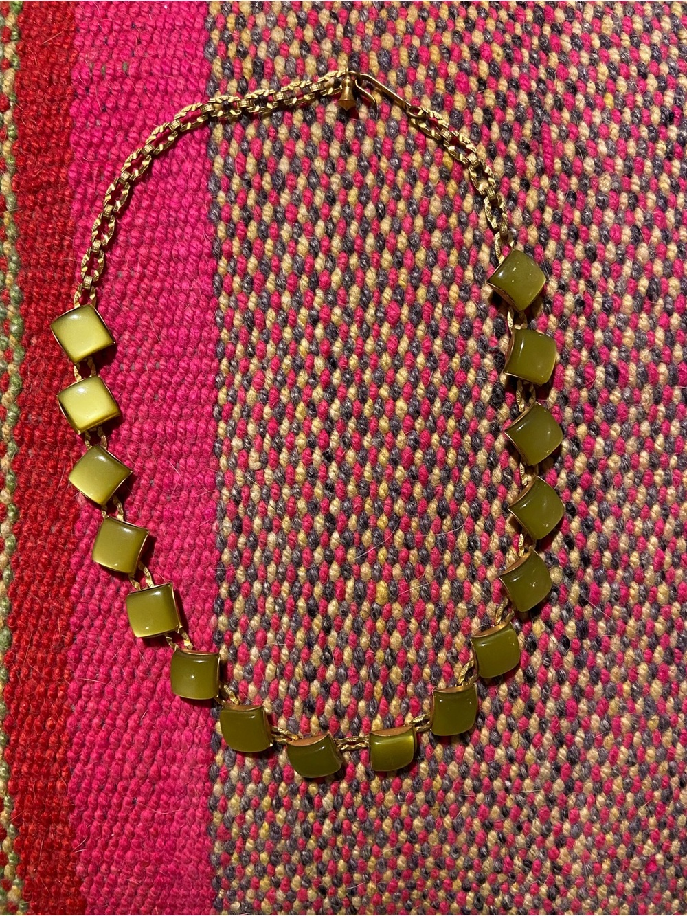 Vintage Olive Green Square-Link Necklace with Gold Chain